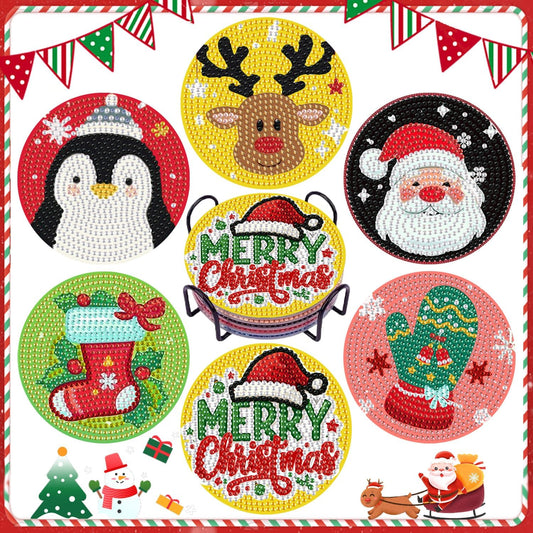 DOZEEZOP 6 PCS Christmas Diamond Art Coasters Kit, Diamond Painting Coasters with Holder, Fall Diamond Art Kits for Adults Beginners, Arts and Crafts Supplies Cute Cartoon