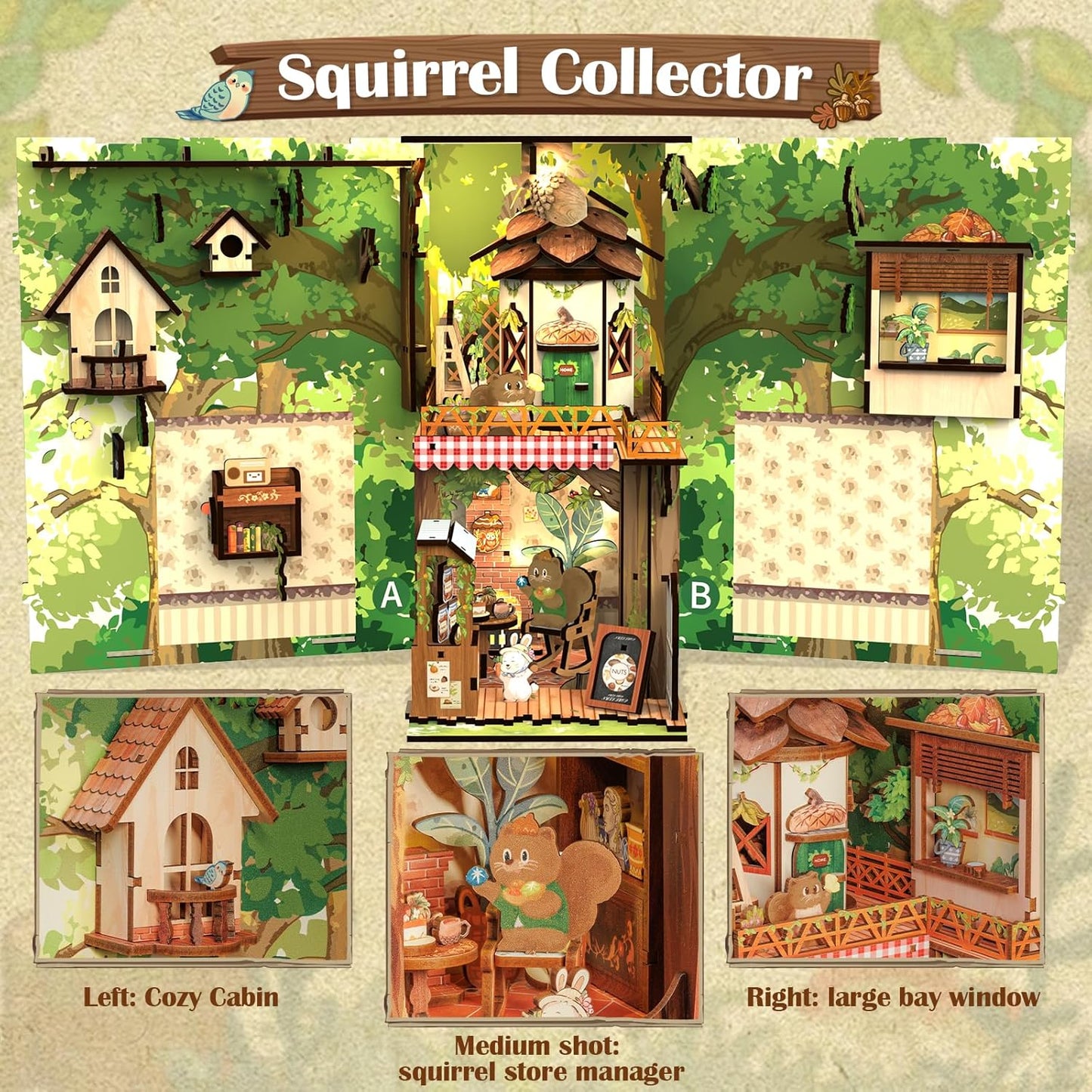 Cutefun Book Nook Kit, DIY Miniature Dollhouse Kit for Teens and Adults, 3D Wooden Puzzle Bookends with LED Light, Bookshelf Insert Decor with Dust Cover, Christmas Birthday Gifts (Squirrel Collector)