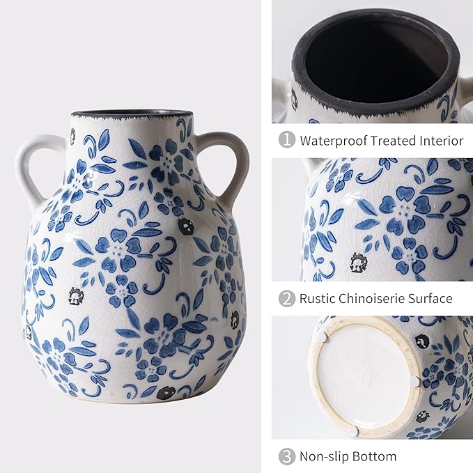 Blue and White Vintage Round Flower Vase with 2 Handles, Chinoiserie Floral Vase, Retro Ice Cracked Ceramic Large Vases for Home Decor, Living Room, Grand Millennial Chinoiserie Decor, 7.7 Inch