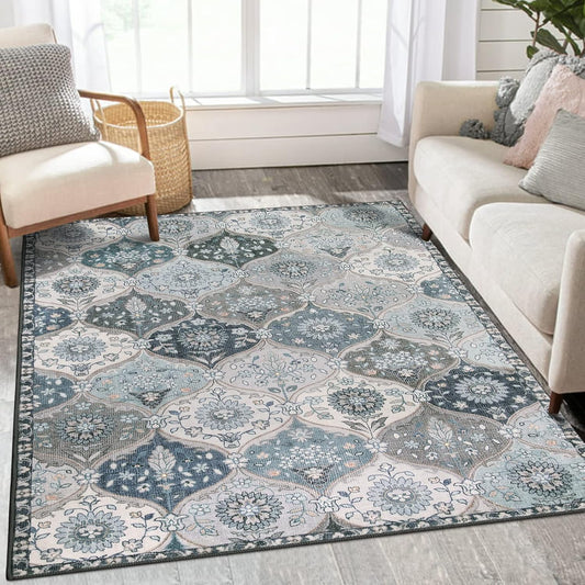 Lahome Moroccan Trellis Washable Rugs, 3x5 Area Rug for Bedroom Living Room, Indoor Non-Slip Small Oriental Accent Throw Carpet for Kitchen Entryway Bathroom Office, Blue