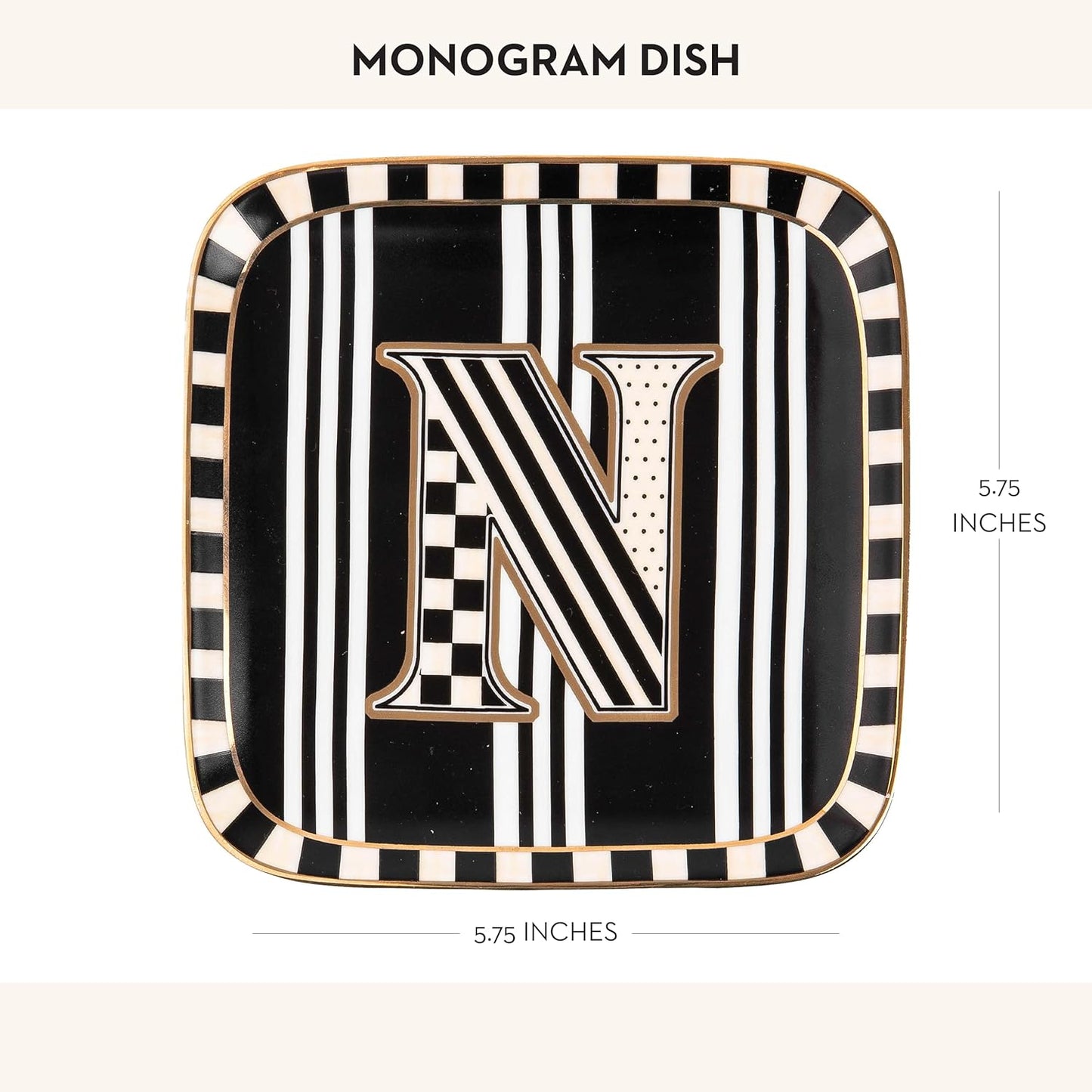 MACKENZIE-CHILDS Monogram Dish, Decorative Ceramic Letter Plate, 5 3/4" Square, N