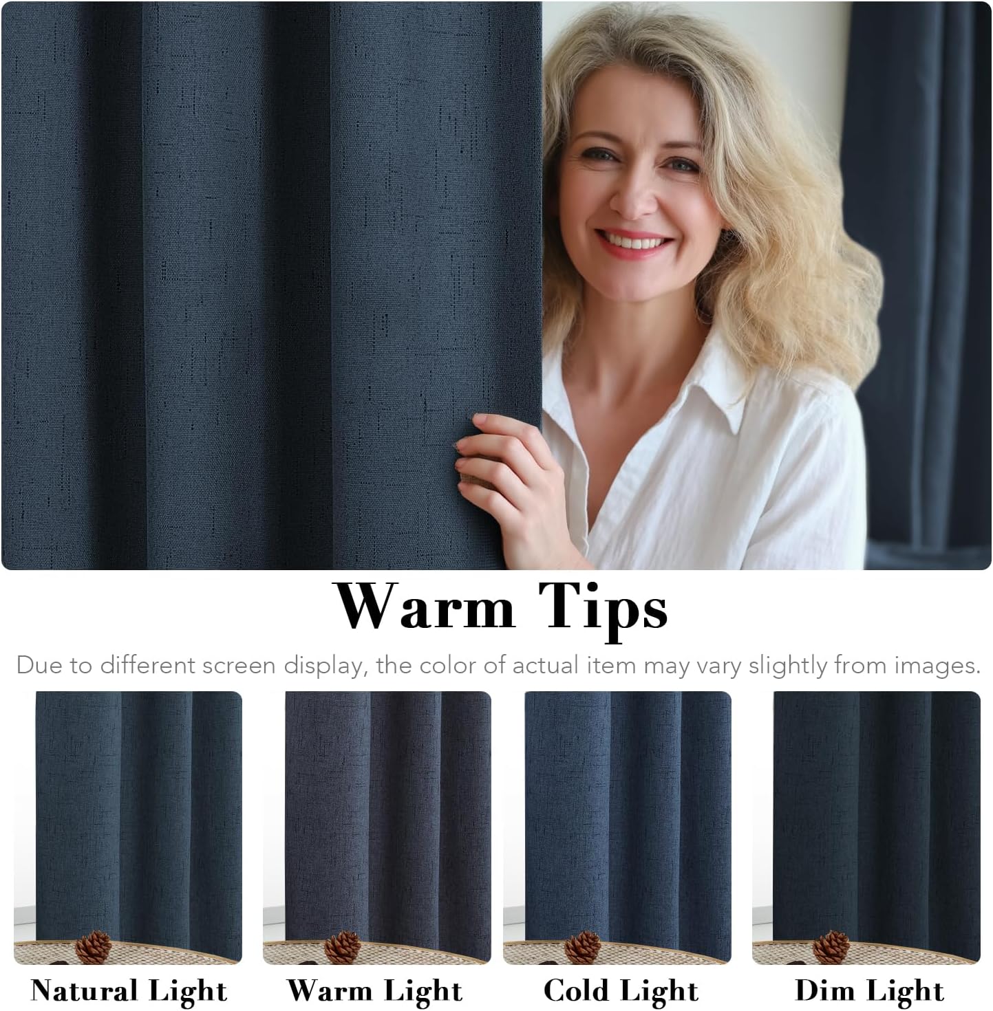 H.VERSAILTEX Linen Blackout Curtains 63 Inches Long 100% Absolutely Blackout Thermal Insulated Textured Linen Look Curtain Draperies Anti-Rust Grommet, Energy Saving with White Liner, 2 Panels, Navy