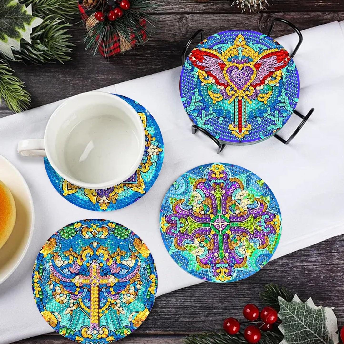 DOZEEZOP 8 PCS Diamond Art Coasters Kit, Diamond Painting Coasters with Holder, Fall Diamond Art Kits for Adults Beginners, Arts and Crafts Supplies Party Item Sets Cross Style