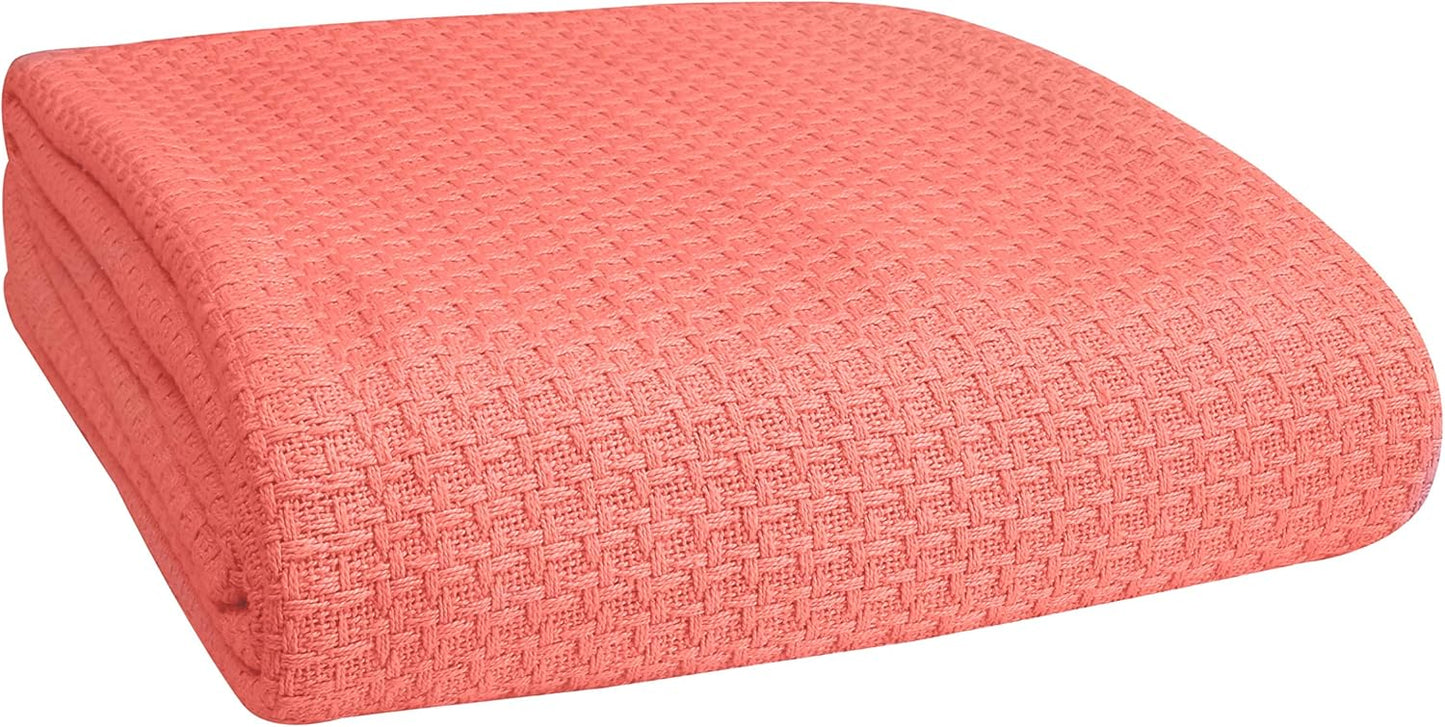 BELIZZI HOME 100% Cotton Bed Blanket, Breathable Bed Blanket King Size, Cotton Thermal Blankets King, Perfect for Layering Any Bed for All Season, Coral
