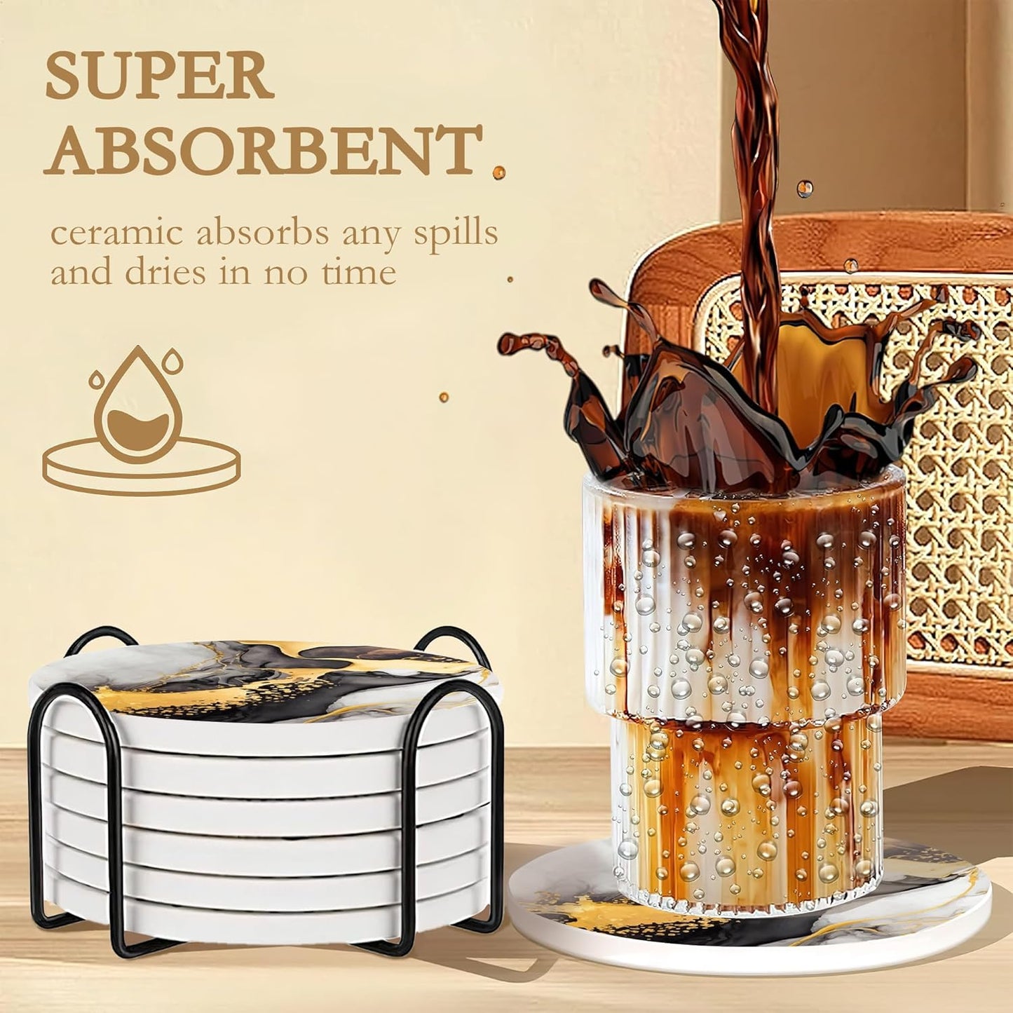 Black Gold Marble Ceramic Coaster Set of 6, Water-Absorbent Beverage Pads for Dining Table Decor & Glass Protection