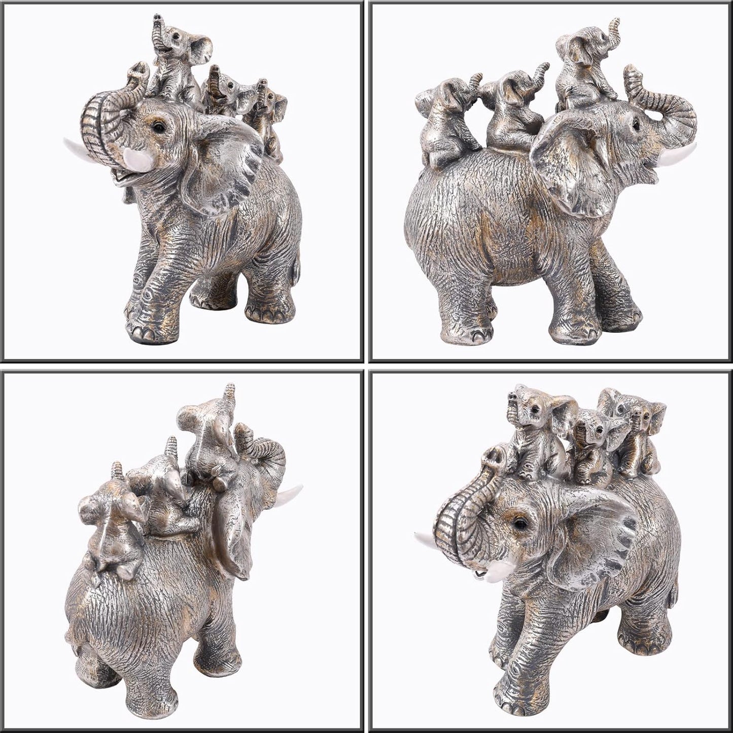 Cute Silver Elephant Statue Good Luck Elephant Carries Three Calves on Its Back Figurines Décor for Shelf Good Gifts for Women Decoration for Living Room, Bedroom, Office