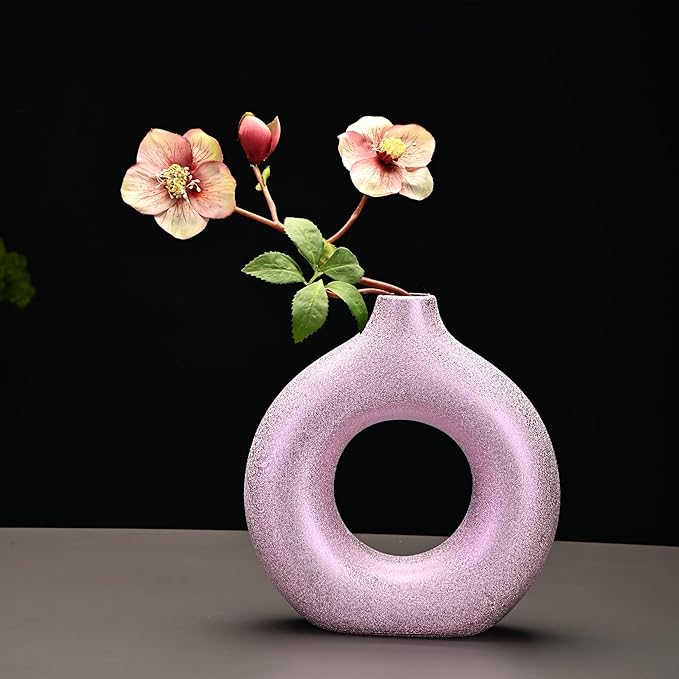 Set of 2 Donut Hollow Ceramic Vase Handmade Minimalist Boho ins Style, Modern Vase for Home Decor for Wedding Dinner Table Party Living Room Office Bedroom (Purple-Gold, Large + Small)