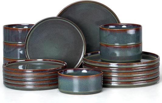 E-far Stoneware Dinnerware Sets, 18-Pieces Modern Plates and Bowls Sets, Kitchen Dinning Porcelain Dishes Set for 6, Chip & Scratch Resistant, Dishwasher & Microwave Safe, Blackish Green