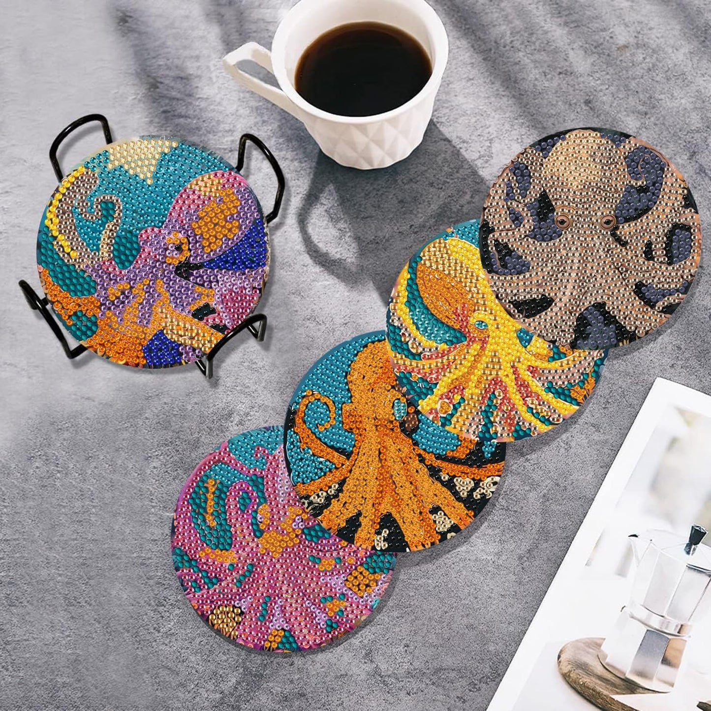 Leatrice Diamond Art Coasters Set of 6, Small Diamond Painting Kits for Adults Beginners, Cork Coaster for Drinks Gem Art Coasters with Holder Home Decor for Octopus