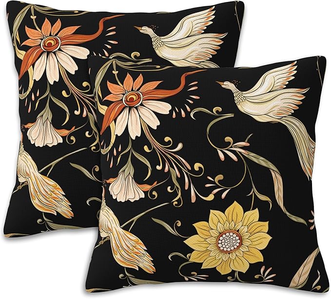Vintage Flowers and Birds Pillow Covers 18x18 Inch Set of 2 Soft Decorative Throw Pillow Case for Living Room Bedroom Sofa Couch Cushion Covers