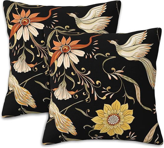 Vintage Flowers and Birds Pillow Covers 18x18 Inch Set of 2 Soft Decorative Throw Pillow Case for Living Room Bedroom Sofa Couch Cushion Covers