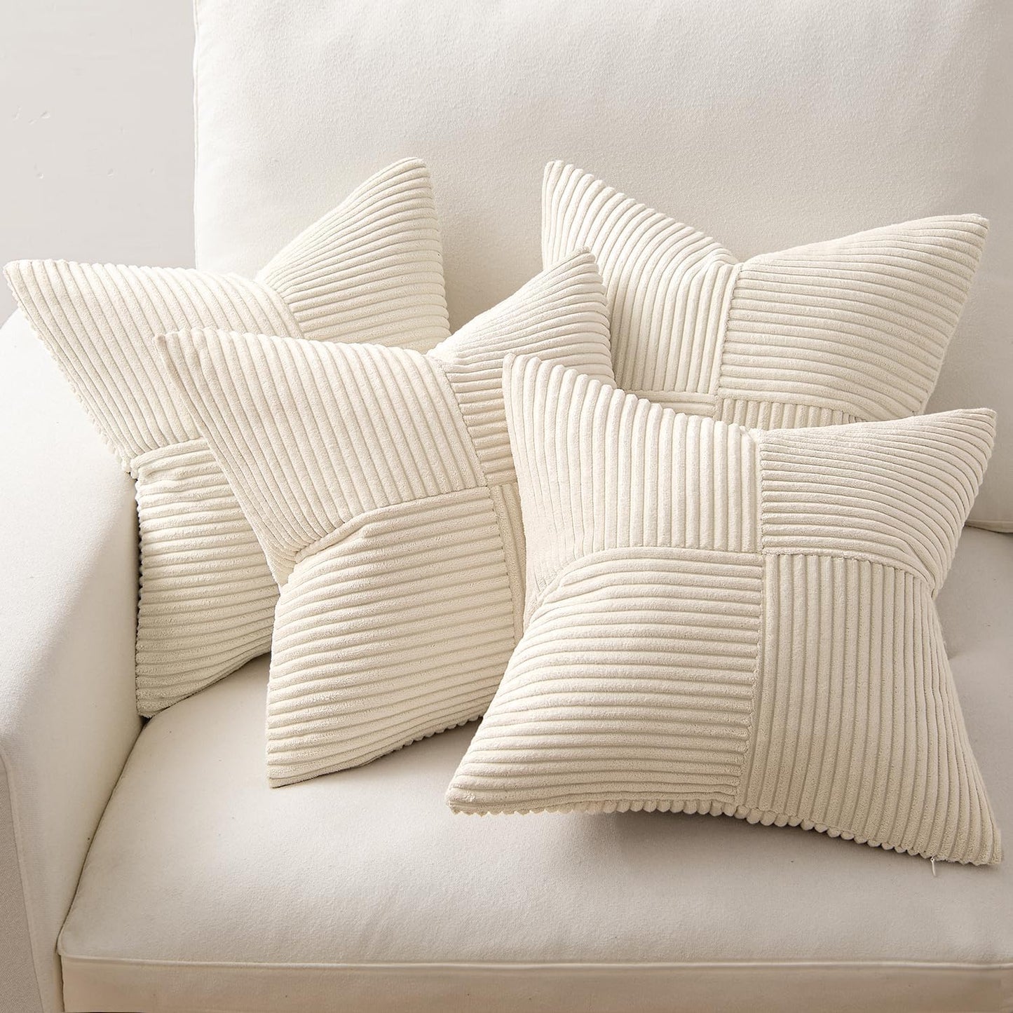MIULEE Beige Throw Pillow Covers 18x18 Inch Set of 4 Boho Patchwork Cushion Cases Modern Farmhouse Pillow Cases with Invisible Zipper Corduroy Striped Home Decor for Couch Sofa Bedroom