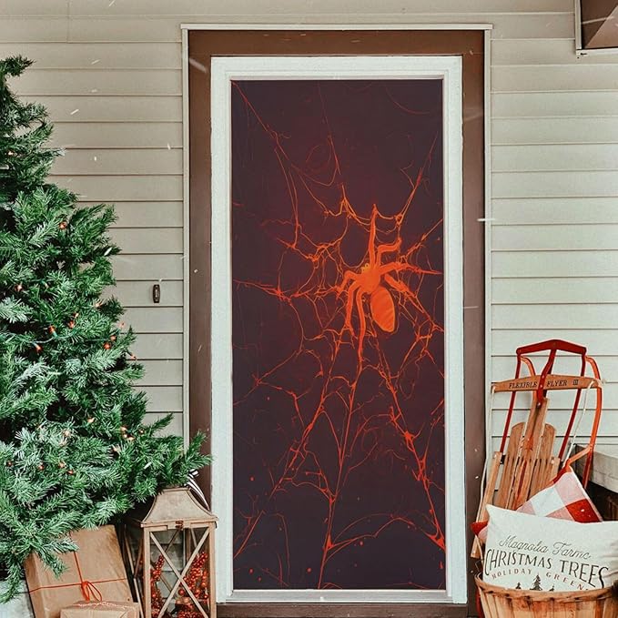 Halloween Door Cover Cool Red Spider Web Hand Drawn Banner Decoration 79 * 35 inch for Front Doors Wall Party Decor