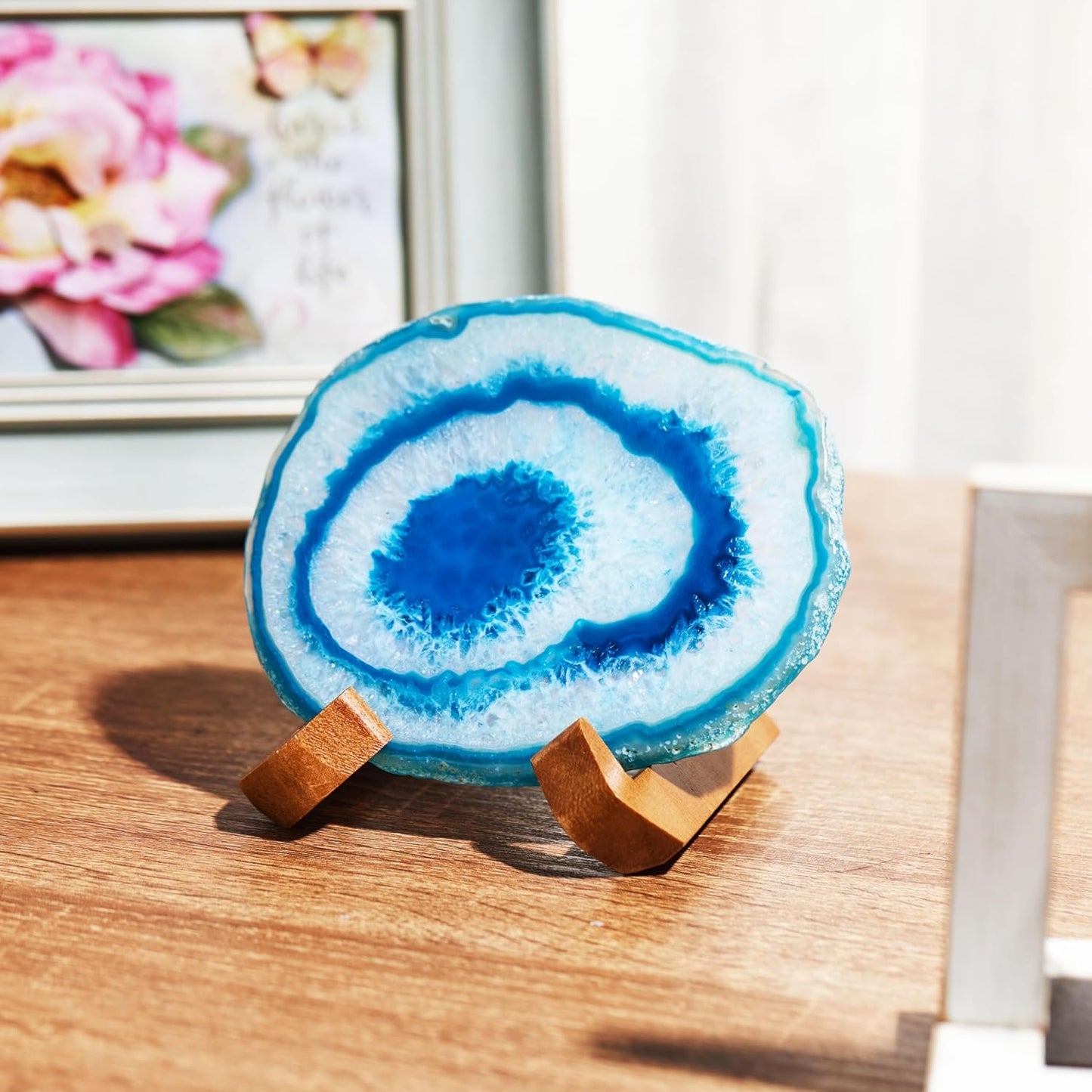 Luxury Lane Large Natural Brazilian Agate Slice Geode Rock Stone Drink Coaster with Wood Holder 4.7-5.5 inch Centerpiece Table Decoration, Ocean Blue