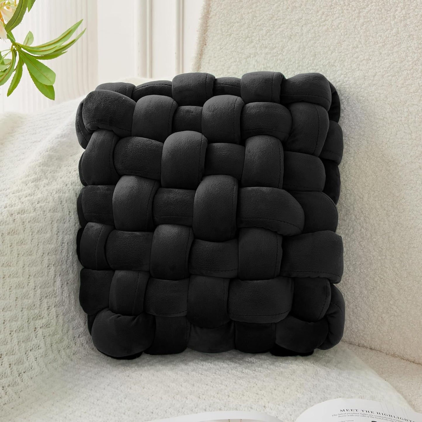 JELLYMONI Black Square Knot Throw Pillow, Small Size Home Decorative Pillow, Decorative Ins Throw Pillow, Soft Velvet Knotted Decor for Room and Couch (S- 11.8"×11.8"×3.5", Black)
