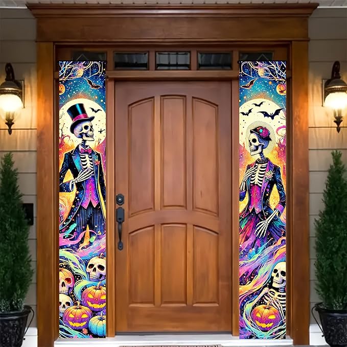 Skeleton Gentleman Lady Door Banner 12x71 Inch Halloween Holiday Porch Hanging Indoor Outdoor Front Door Vertical Decoration Purple Black Neon Pumpkin Bat Gothic Party Celebration Decor