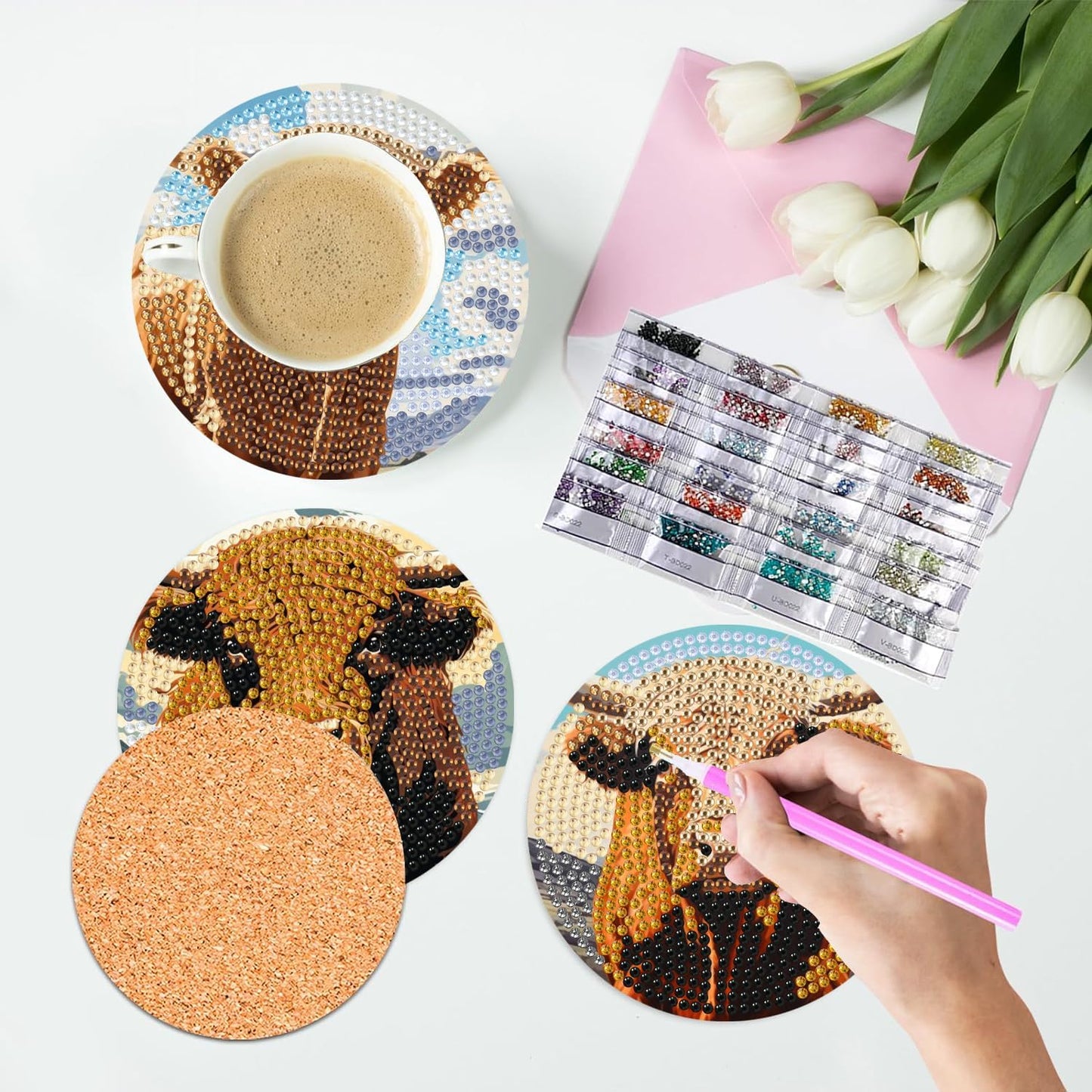 Leatrice 8PCS Cow Diamond Art Coasters Small Diamond Painting Kits for Adults Beginners Women Gem Art Coasters with Holder Funny DIY Crafts for Home Decor