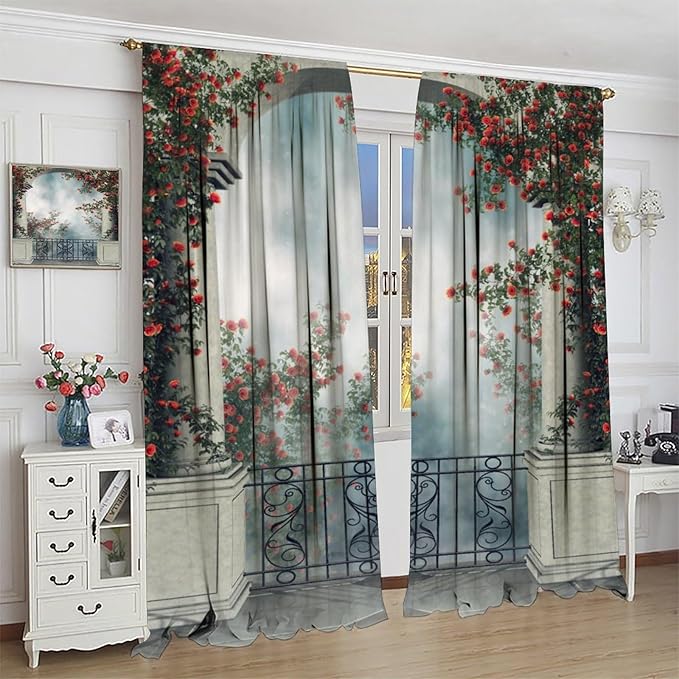 Gothic Castle Blackout Curtains，Vintage Medieval Foggy Romantic Rose Floral Pattern Drapes Window 2 Panel Rod Pocket Curtain for Bedroom Living Room Decor 21" W X 54" L
