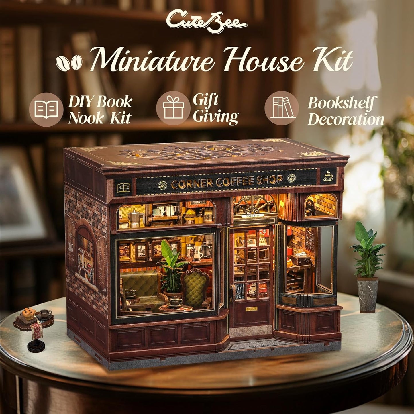 CUTEBEE Book Nook Kit - DIY Miniature House Coffee Shop Dollhouse Kit for Adults and Teens, Booknook Tiny House Bookshelf Decor 3D Wooden Puzzle, Gifts for Family, Friends (Corner Coffee Shop)
