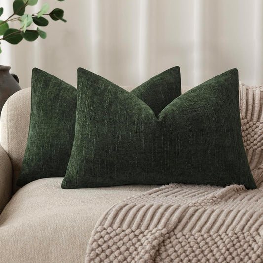 Foindtower Pack of 2 Textured Chenille Throw Decorative Pillow Covers Square Accent Solid Cushion Cover Neutral Farmhouse Lumbar Pillow Case for Couch Sofa Bedroom Living Room 12x20 Inch,Dark Green