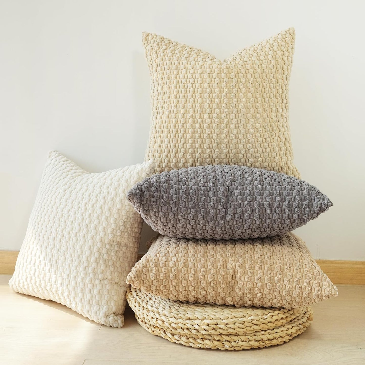 JOJUSIS Pack of 4 Neutral Decorative Throw Pillow Covers Farmhouse Boho Home Decor Striped Corduroy Square Pillowcases 18 x 18 Inch