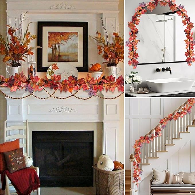 1 Pack 3D Artificial Fall Maple Leaf Garland - 5.7ft Hanging Vine for Mantle, Thanksgiving Decorations for Home, Fireplace, Party, Outdoor, Front Porch Decor