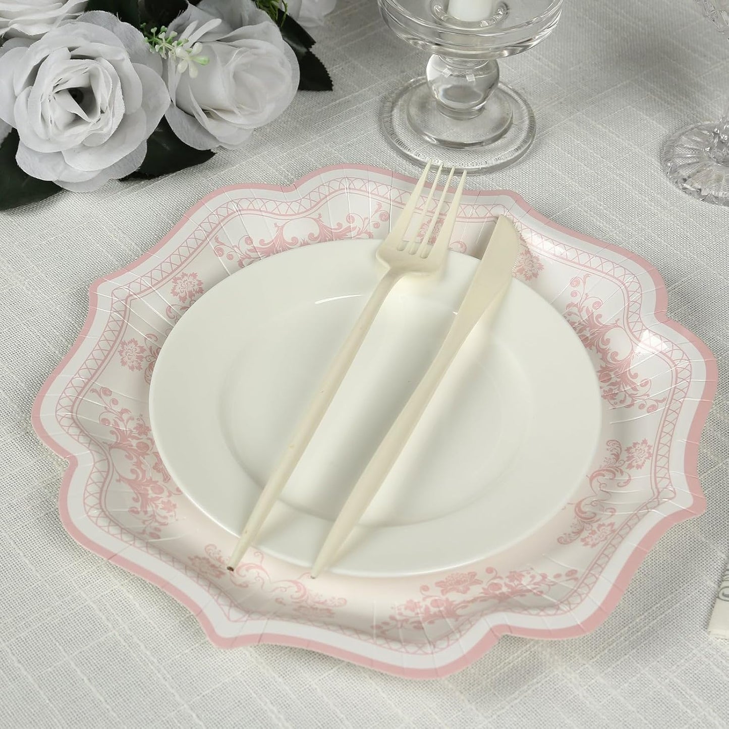 Efavormart 25 Pack White Pink Paper Dinner Plates in Damask Floral Pattern, 10" Disposable Party Plates with Scalloped Rims - 300 GSM