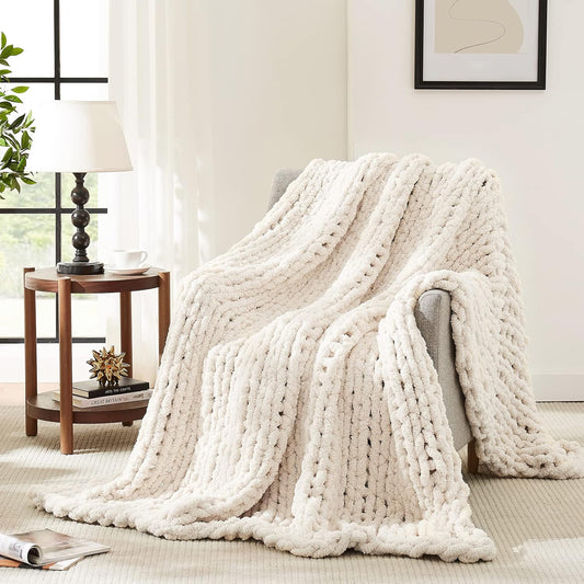 L'AGRATY Chunky Knit Blanket Throw: 80''x90'' Chenille Chunky Knitted Throw Blanket for Bed Couch - Handmade Thick Big Cable Knit Blanket - Large Chunky Crochet Rope Blanket for Home Decor(Ivory)