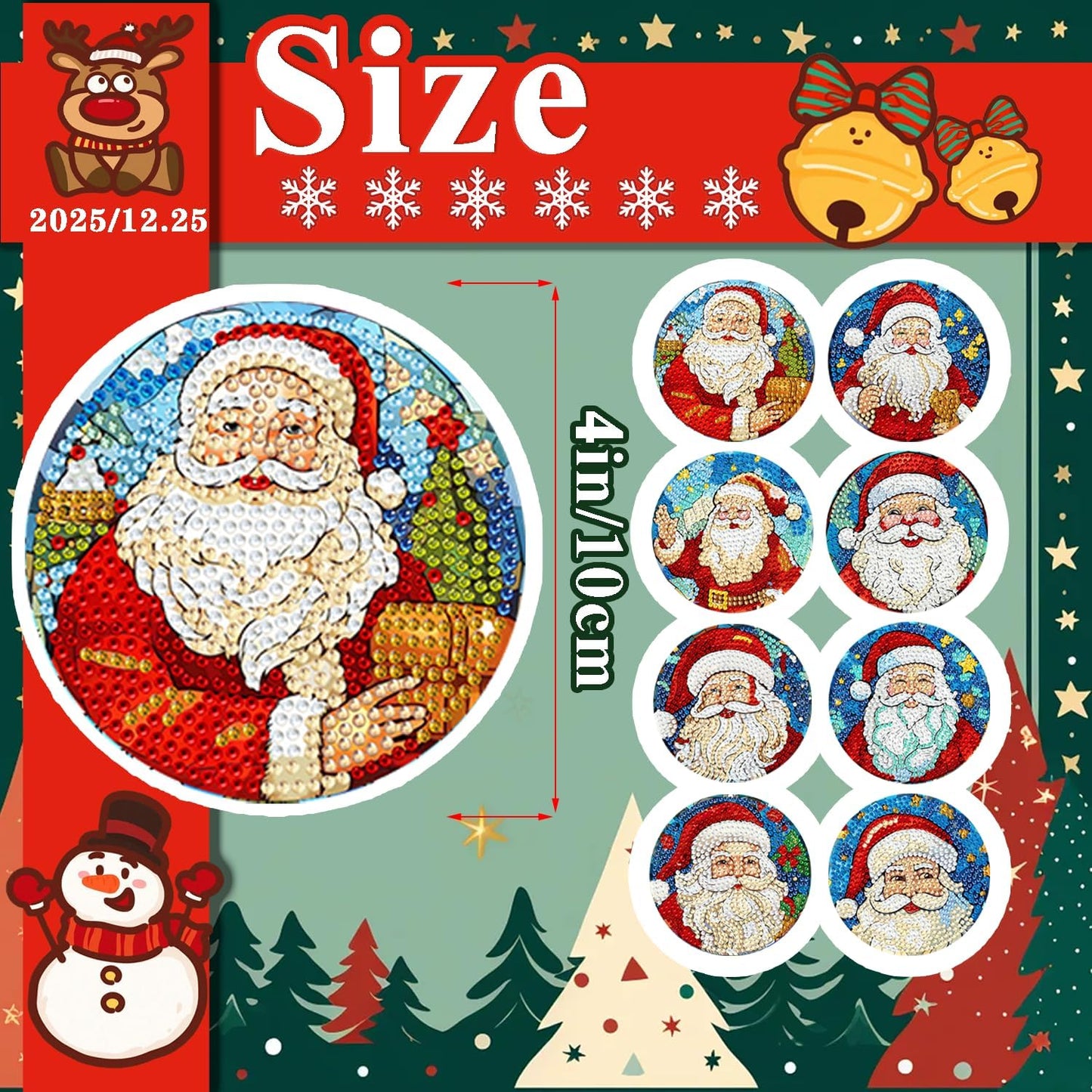 DOTSOPS 8 Pcs Diamond Art Coasters with Holder for Adults Beginners Diamond Craft for Christmas Birthday Gifts (Santa Claus)