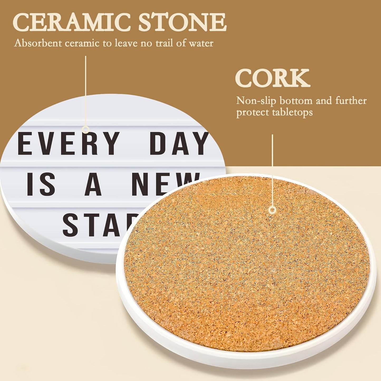 Coasters Set with Holder, 6 Pcs Motivation Quote Absorbent Ceramic Drink Pads, Non-Slip Table Protectors for Coffee & Glasses