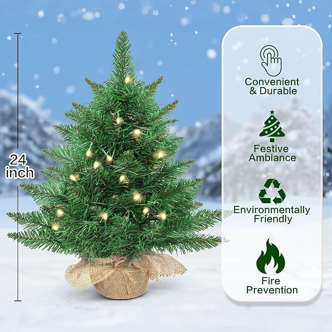 24 Inch Pre-lit Artificial Mini Christmas Tree,Tabletop Christmas Tree with 30 LED Warm Lights,Desktop Small Xmas Green Pine Tree for Home Decor（Battery Operated）