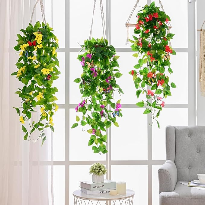 BLEUM CADE Artificial Hanging Flowers for Outdoors, 4pcs Fake Hanging Plants Pothos Vines with Red Flowers for Wall Home Living Room Indoor Outdoor Decor (No Baskets)