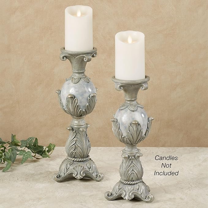 Touch of Class Lionna Candleholder Set of Two - Resin - Blue, Gray, Gold - Candlesticks for Bedroom, Living Room, Dining Room, Mantel, Office, Hallway, Entryway, Foyer - Pillar Holders