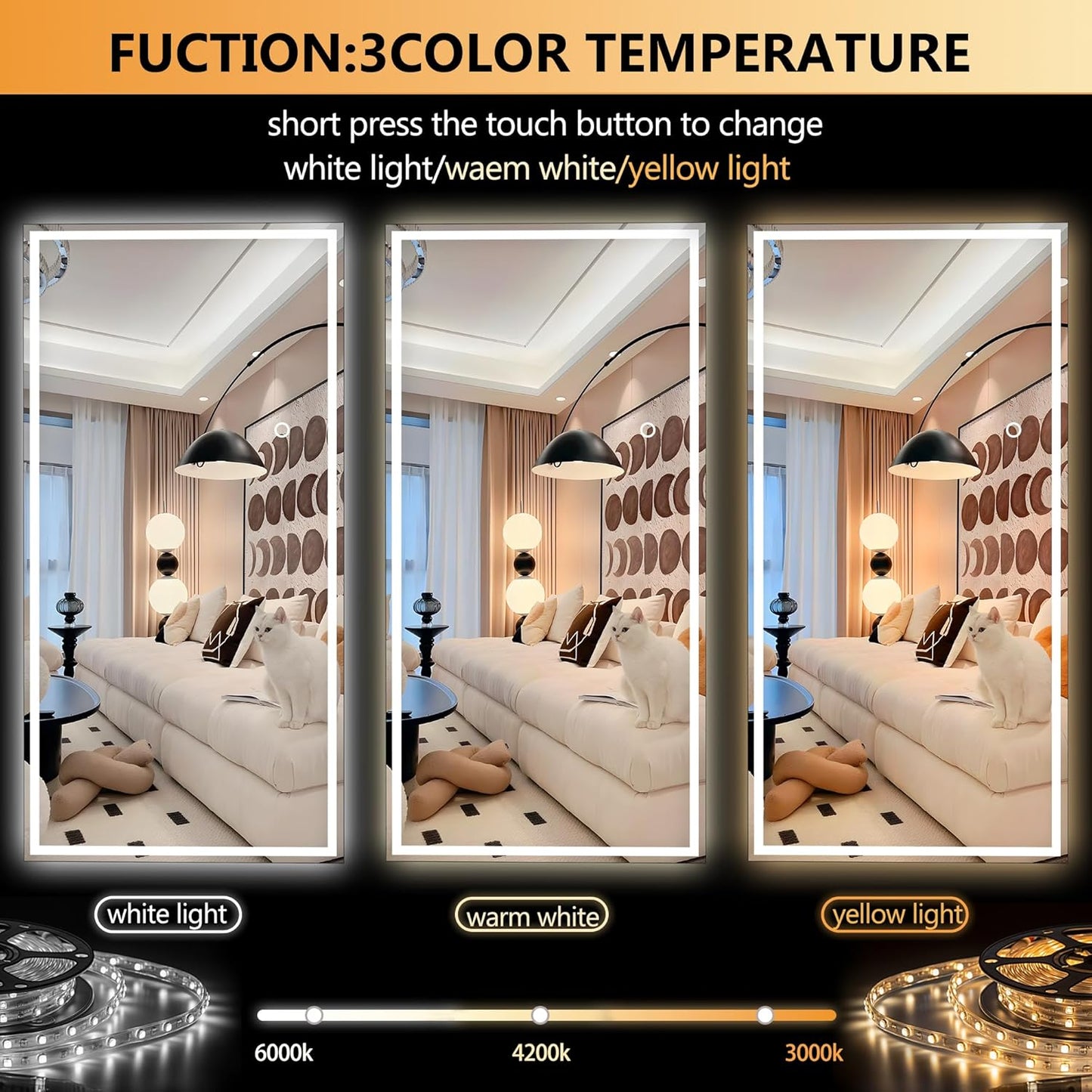 Hasipu Full Length Mirror with Lights, 79" x 36" LED Lighted Floor Standing Mirror, Full Body Dressing Hanging Mounted Mirrors, Dimmable, Tempered Glass, Safe to Use, Square Black