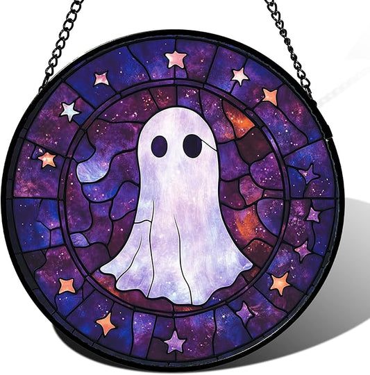 Stained Glass Window Hanging - Halloween White Star Ghost Purple Starry Sky Suncatcher for Doors Garden Indoor Spooky Sun Catchers Gothic Decor Horror Gifts for Women Men Friend 6.3 in
