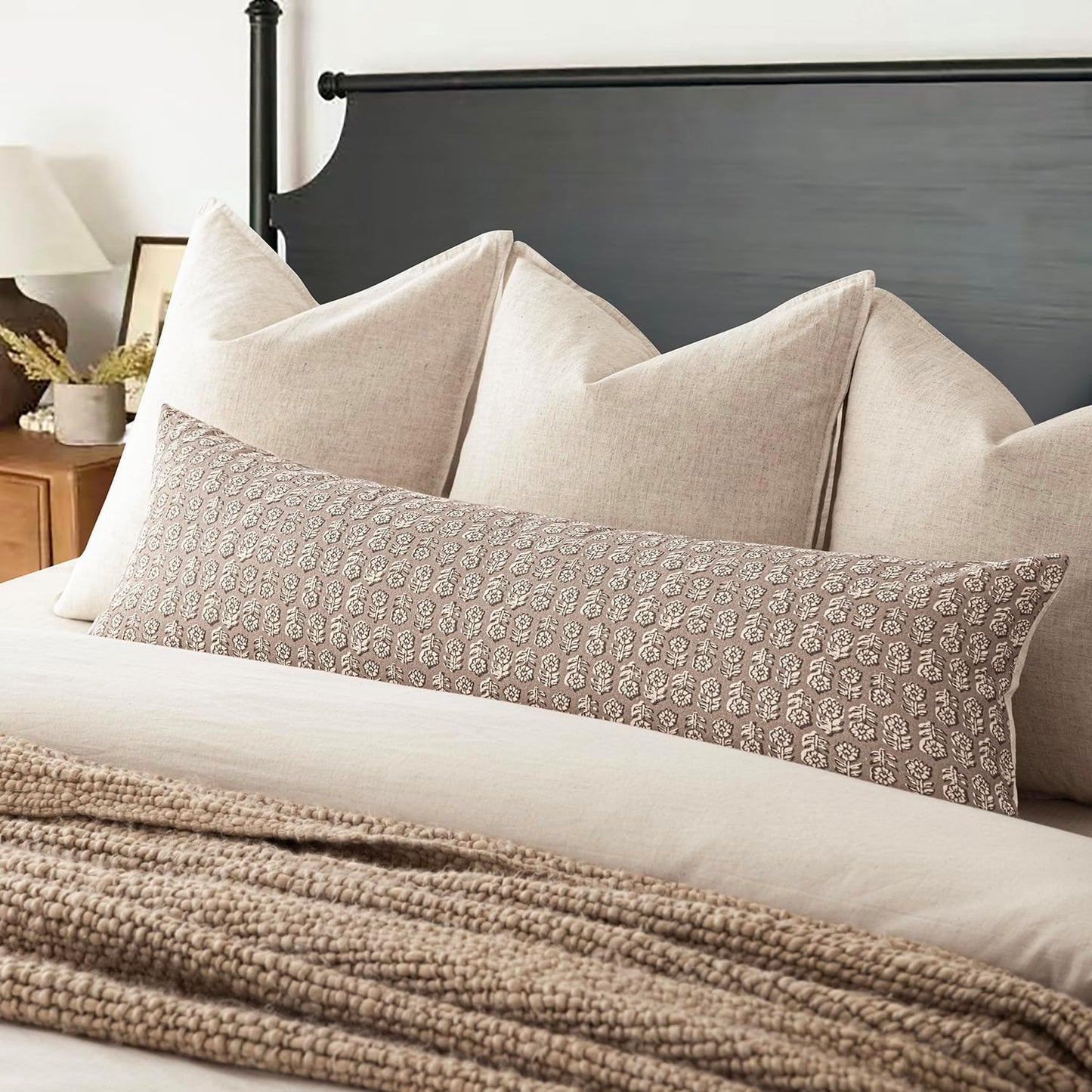 Foindtower Set of 2 Decorative Floral Body Lumbar Throw Pillow Covers Neutral Modern Farmhouse Cushion Covers Vintage Home Decor for Sofa Couch Chair Bedroom Living Room,14×36 Inch,Tan Taupe