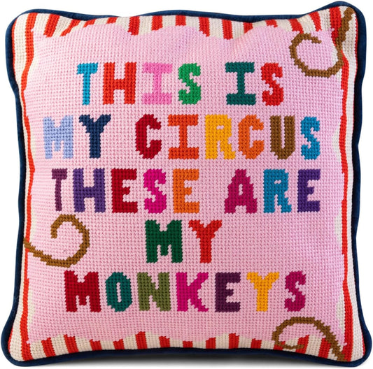 FURBISH Handmade Needlepoint Decorative Throw Pillow - My Circus - 11"x11" - Small Embroidered Designer Pillow for Living Room, Couch, Sofa, Chair & Bed - Eclectic Home Decor