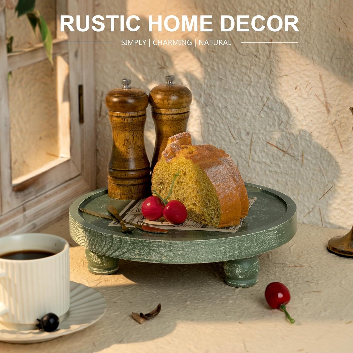 EOSAHR Farmhouse Pine Wood Riser for Home Decor – Round Pedestal Stand for Coffee Table & Kitchen Sink – Stylish Display Stand for Dish Soap Dispenser, Candles, Plants, and Cupcakes (Green)