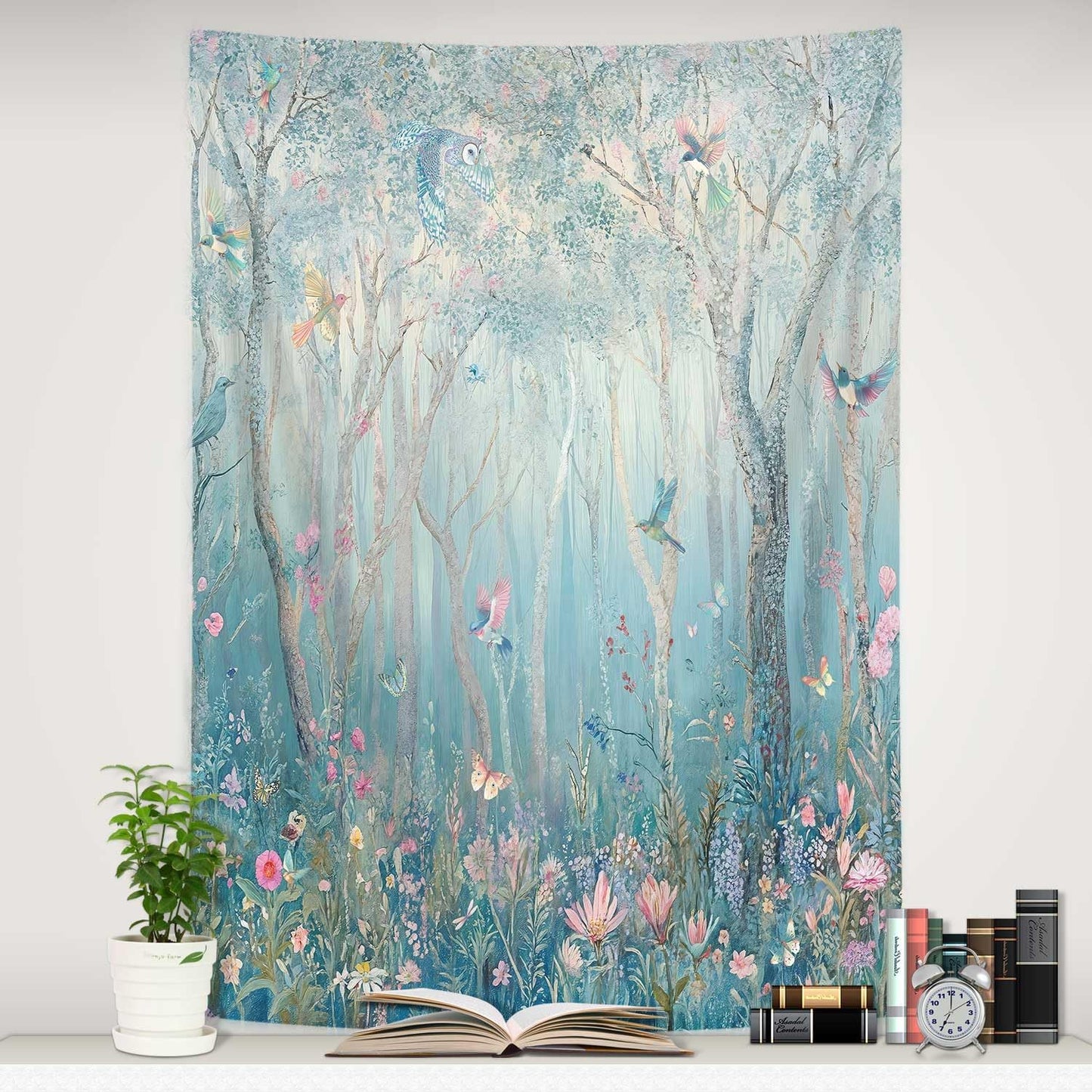 DYNH Enchanted Forest Tapestry,Fairytale Woodland Vertical Wall Hanging,Jungle with Tree Bird Flowers Plant Aesthetic for Bedroom Decor Art Tapestries Poster Blanket,36X48IN