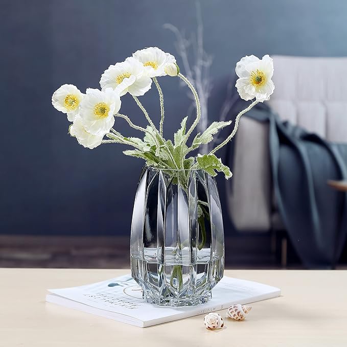 Modern Black Grey Ribbed Glass Vase for Flowers, Candles and Decorative Accents - Tall/Short Glass Vase for Centerpieces Home Table Decor(Grey H7.87in)