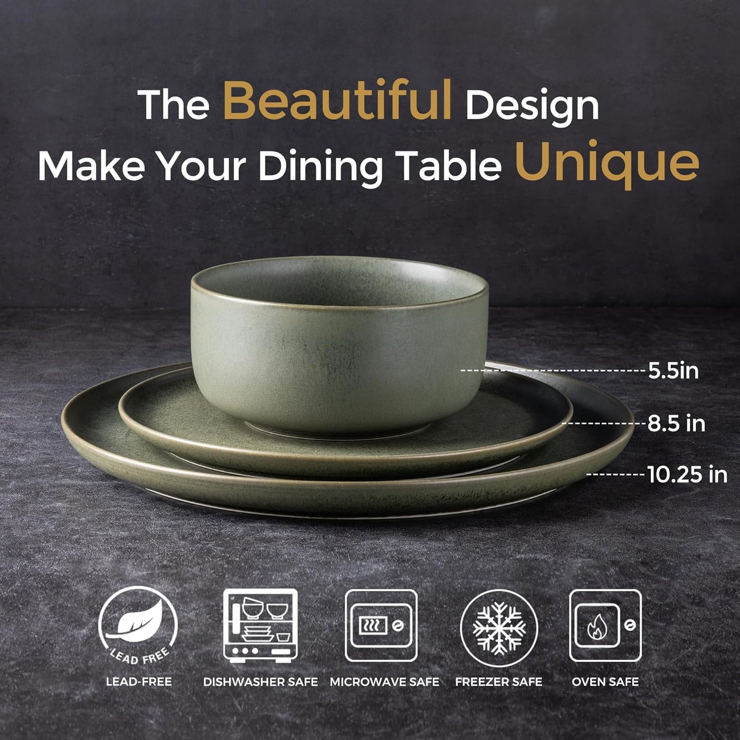 LERATIO Stoneware Dinnerware Sets for 6,Handcarft Ceramic Plates and Bowls Sets,Chip and Scratch Resistant Dishes, Dishwasher & Microwave Safe, Oven safe,Reactive Glaze-Green