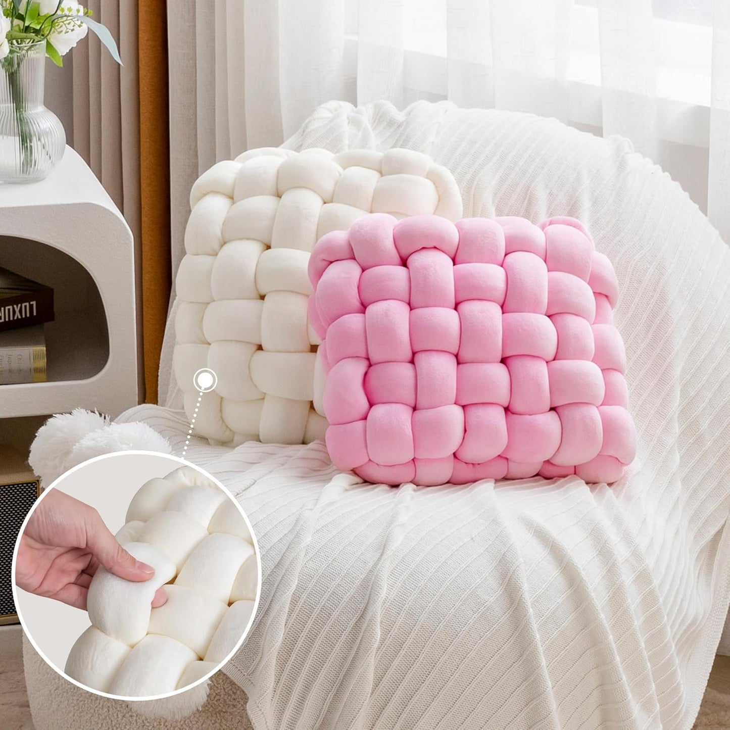 JELLYMONI Pink Square Knot Throw Pillow, Large Size Home Decorative Pillows, Decorative Ins Throw Pillows, Soft Velvet Knotted Decor for Bedroom, Living Room and Couch (L- 15"×15"×4", Pink)