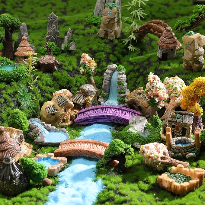 58 Pcs Miniature Garden Set Fairy House Bridge Rockery River Diorama Supplies Mini Terrarium Figurines Fairy Village Micro Landscape Ornament Model Trees for DIY Garden Decor Succulent Dollhouse Craft