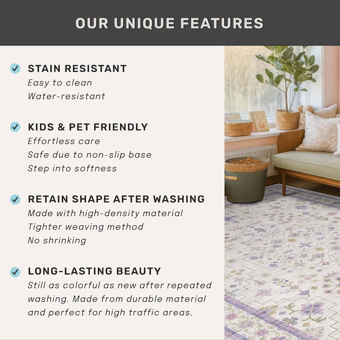 Light Purple Rug for Girls Bedroom, 5x8 Washable Floral Area Rug for Nursery Kids Room, Living Room, Lavender Dorm Decor, Non Slip Low Pile Pastel Foldable Carpet