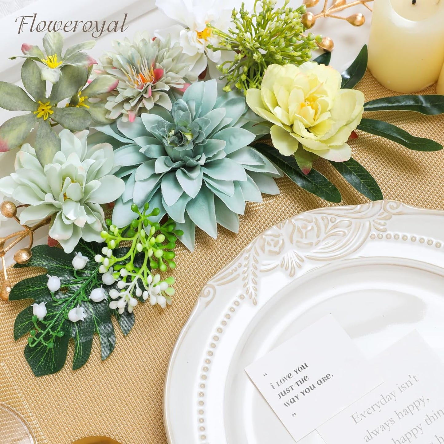 Floweroyal Artificial Flowers Combo Green Flowers Mix Silk Flowers Dahlia Roses with Stems for DIY Wedding Bridal Bouquets, Baby Shower, Floral Arrangement, Table Centerpieces, Home Decorations.