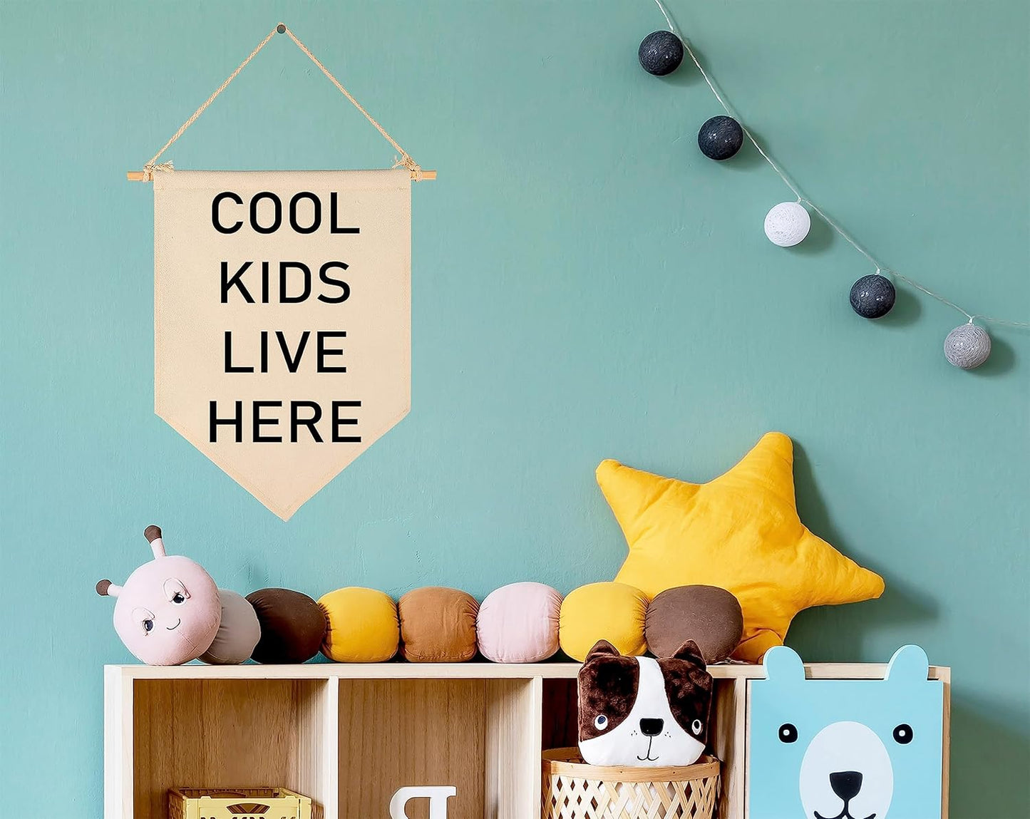Cool Kids Live Here-Nursery Wall Flag Decor, Bedroom Decor,Playroom Sign,Front Door Decor,Banner Gift for Newborn Boys Girls Kids,Baby Gift Shower for Baby Daguther Son,New Home Birthday Gift