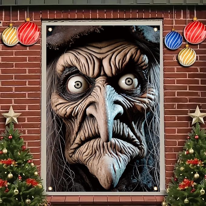 Scary Witch Window Cover Halloween Decoration Window Poster Realistic Creepy Face Haunted House Outdoor Indoor Horror decor for Door Party Supplies Spooky Scene Prop 47x31 Inch