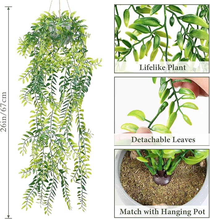 Dremisland Fake Hanging Plants with Pots 2Pack Faux Hanging Basket Plant Macrame Plant Hanger with Fake Vines Faux Hanging Planter for Wall Ceiling Home Bedroom Indoor Decor (Mix Plant-3PCS)