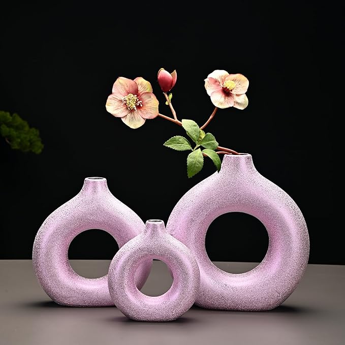 Set of 2 Donut Hollow Ceramic Vase Handmade Minimalist Boho ins Style, Modern Vase for Home Decor for Wedding Dinner Table Party Living Room Office Bedroom (Purple-Gold, Extra Large + Large)