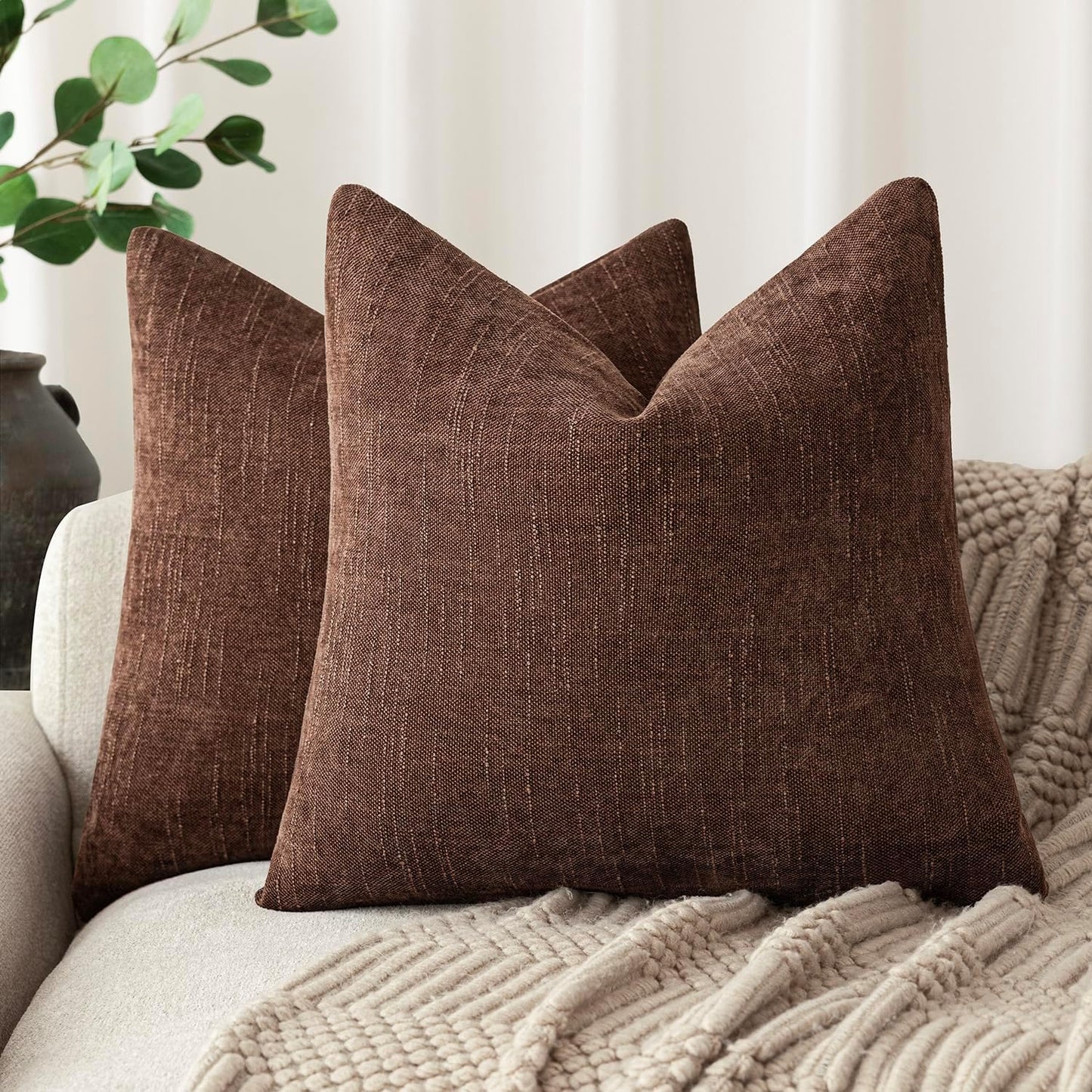Foindtower Pack of 2 Soft Textured Chenille Throw Decorative Pillow Covers Square Accent Solid Cushion Cover Cozy Neutral Farmhouse Pillow Case for Couch Sofa Bedroom Living Room 16x16 Inch,Red Brown
